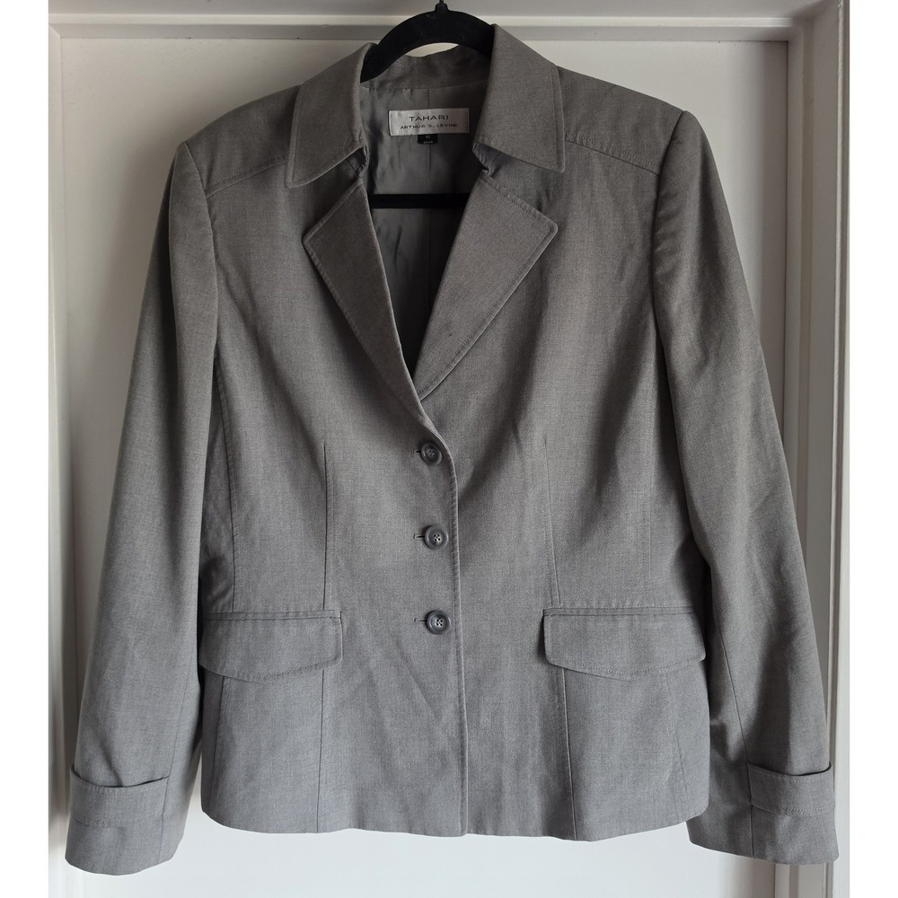 Tahari Arthur S. Levine Blazer Size 14 Gray Solid Long Sleeve Jacket Neutral